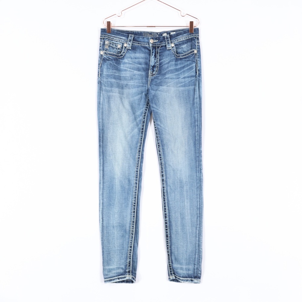 Miss Me Easy Skinny Jeans Womens 31 Blue Embellished Mid Rise McBling Streetwear
